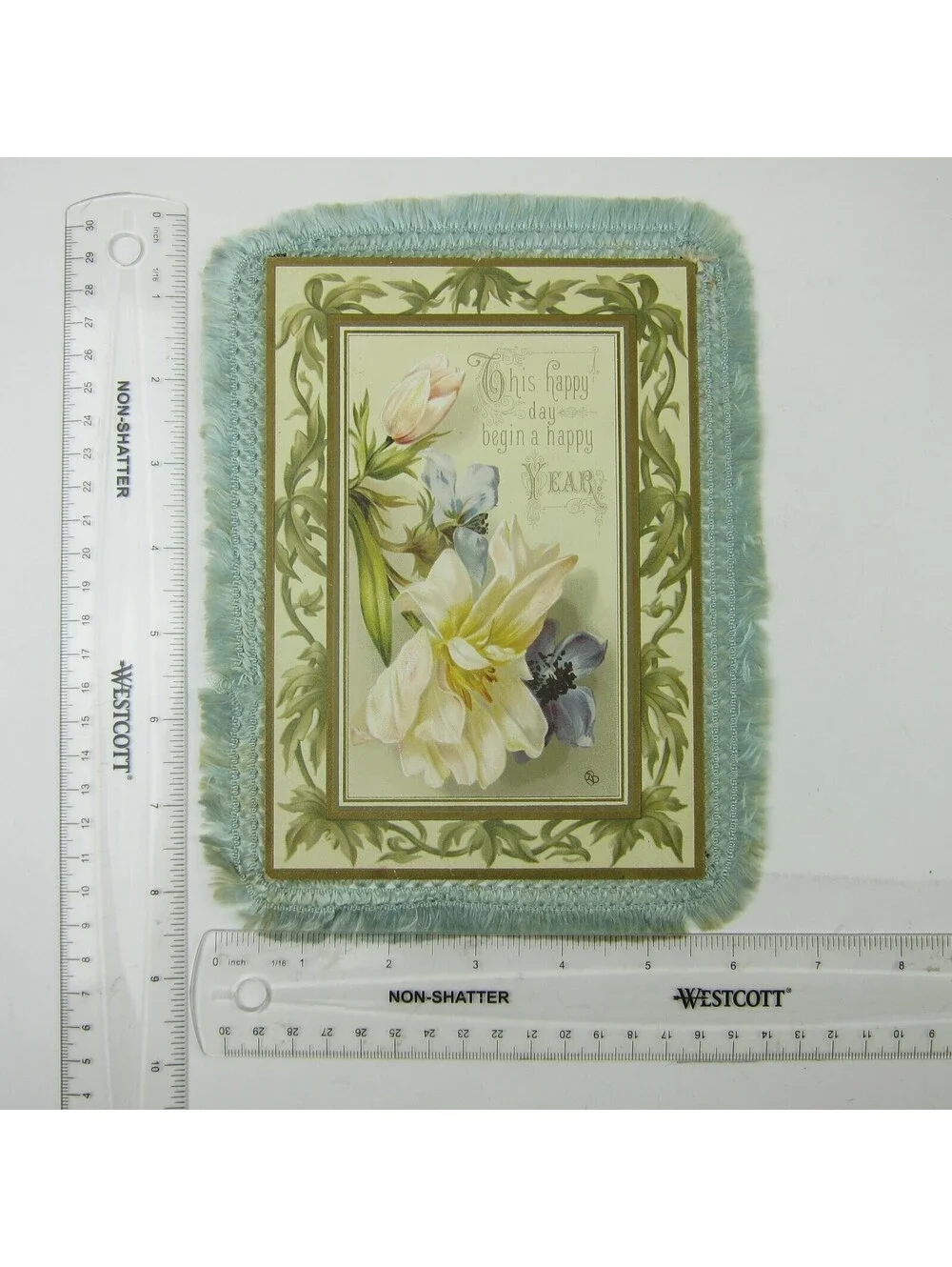 Victorian Card XL New Years Flowers Blue Silk Fringe Double Sided Antique 1886